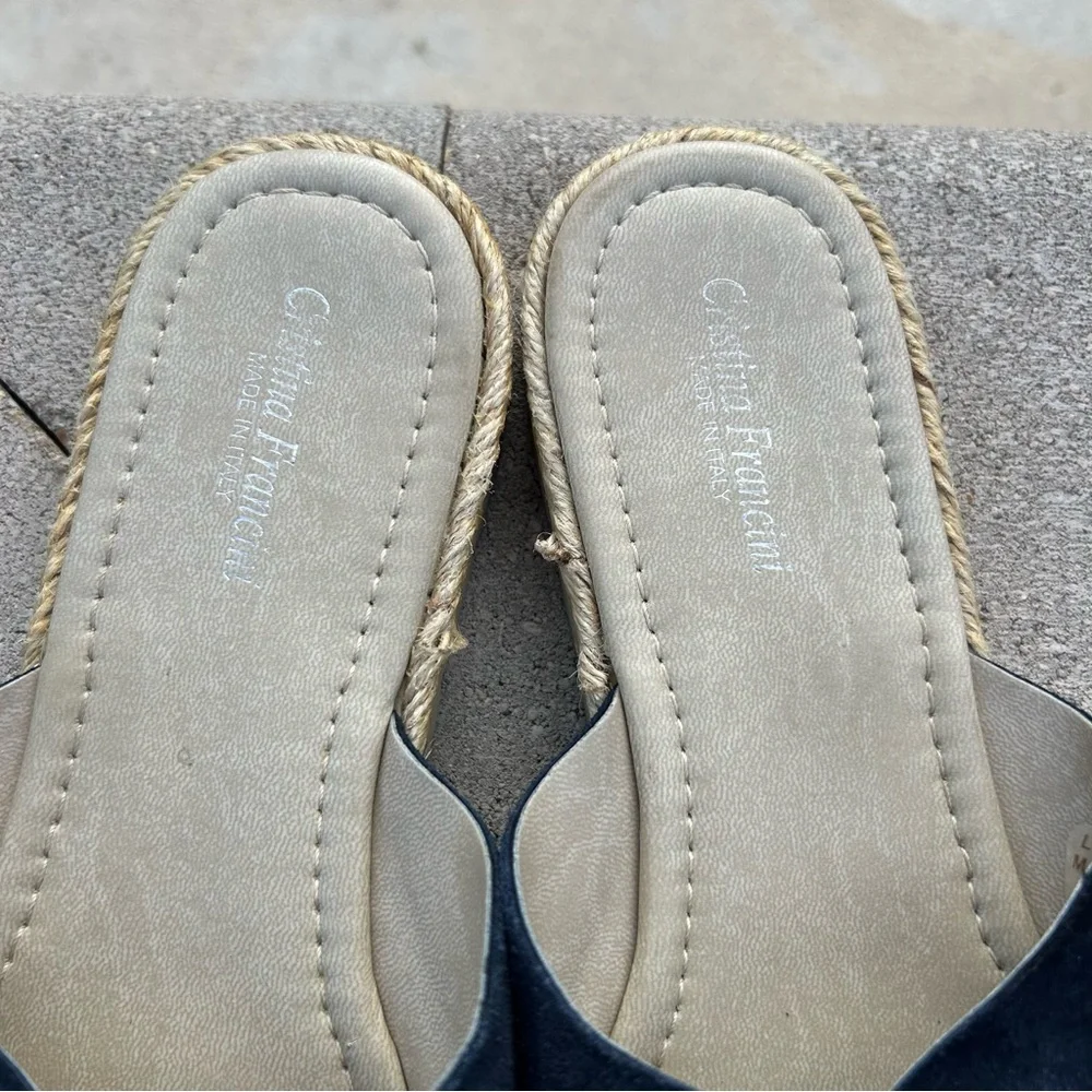 Cristina Francini Crossover Leather Espadrille Sandal Slides Shoes Navy Tan 10